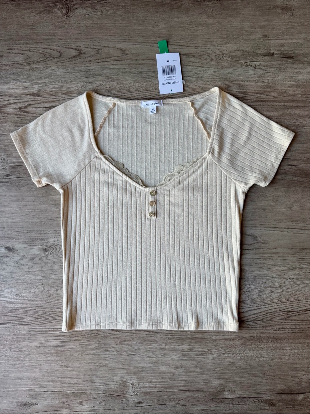 Stitch & Pine Ribbed Henley Top Lace Trim Cream Fitted Tee Size M NWT Stretchy